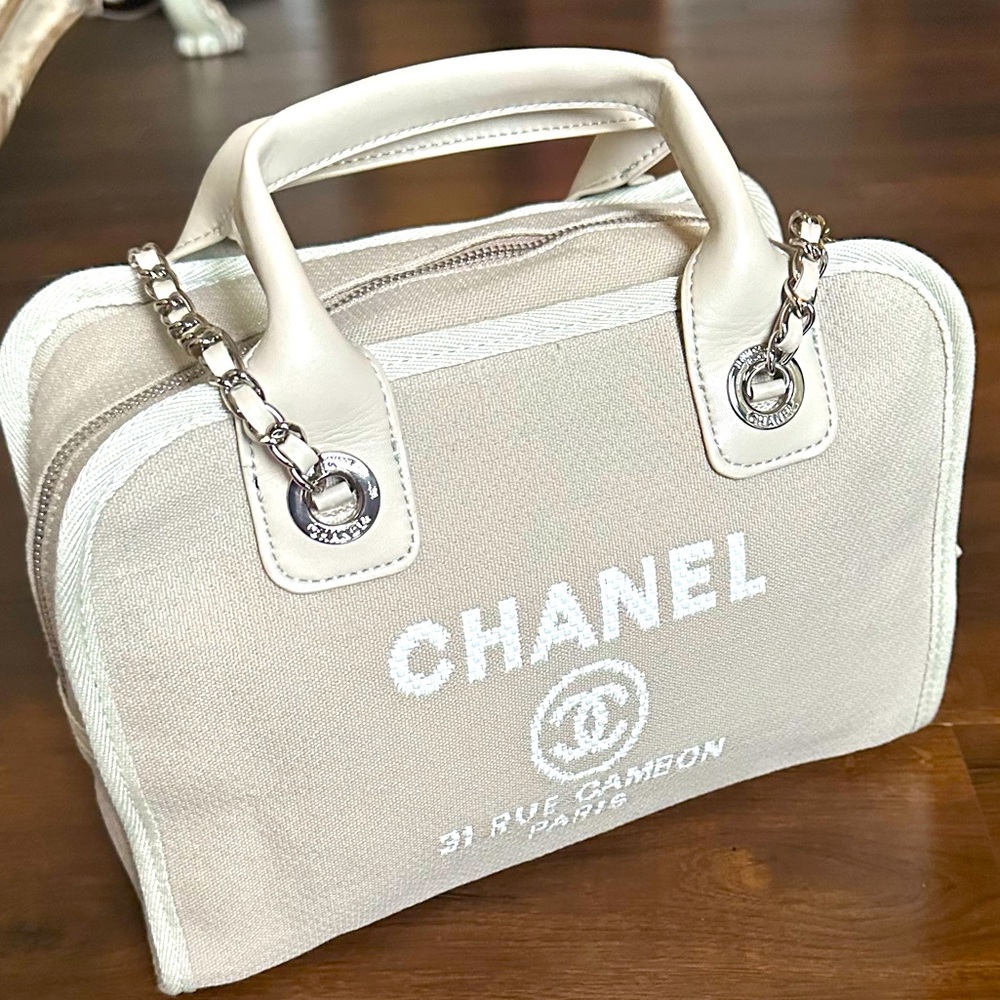 CHANEL Canvas Deauville Bowling Bag Silver Chainstraps  Beige Brand New M size